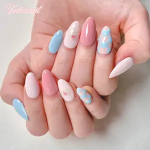 Pink Bloom Handmade Press-On Nails, Glossy Acrylic Nails | Short Almond Shape, 10pcs | Pastel Checkerboard Floral Print | Spring Soft Girl Aesthetic | For Daily, Picnic, OOTD | High Gloss | Reusable DIY Nail Art