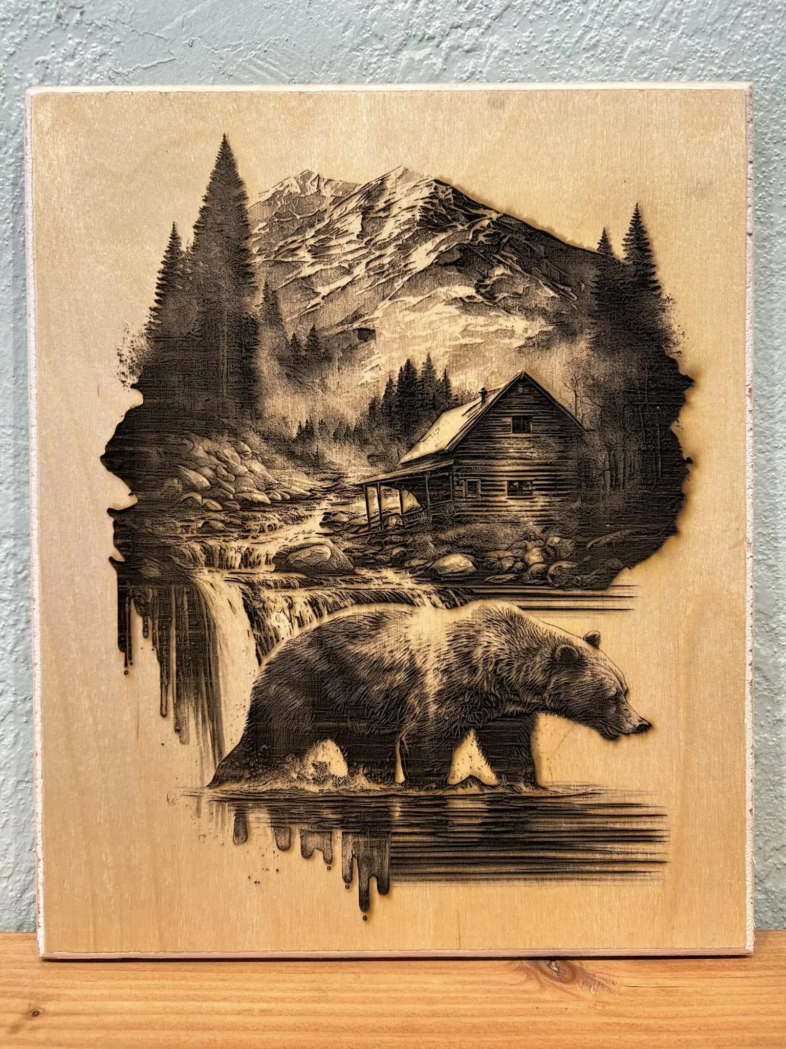 Bear Cabin Wood Wall Art - Laser Engraved Bear in Mountains with Cabin Design for Nature Lovers - Rustic Decor for Home
