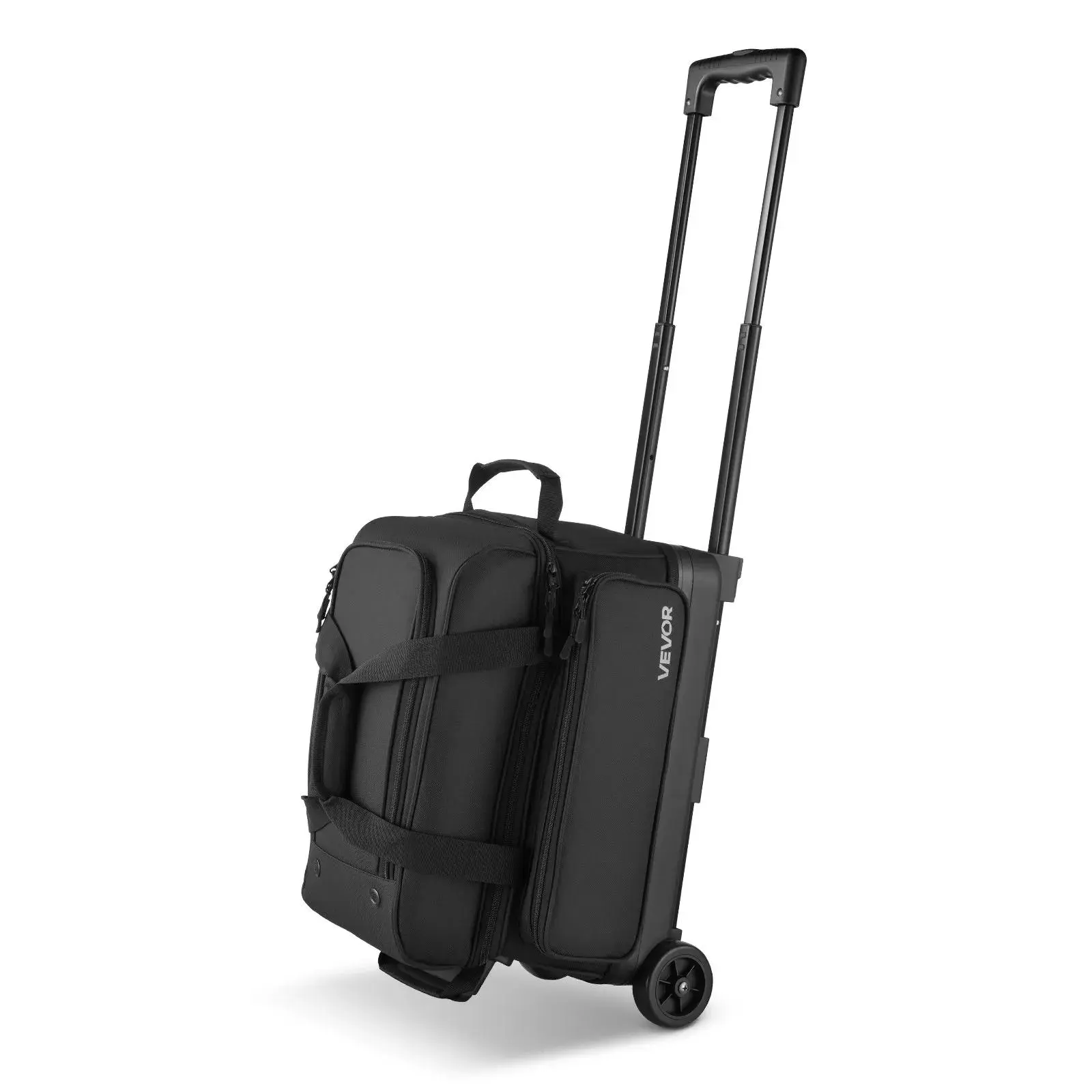VEVOR 2-Ball Double Roller Durable Bowling Bag with Wheels, Adjustable Pull Handle (Extends to 41.32 in), Separate Shoe Compartment (Up to US Size 16), Oversized Accessories Pocket, Breathable Bottom Holes, Ball Set, No, Durable Bowling Bags