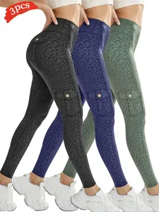 3PCS Women's Leopard Print Cargo Pocket Design Outdoor Sports Tight Fit 9/10 Yoga Pants, High Stretch Leggings, All-Season Wearable Ladies Fashion Bottoms, High Waist Sports