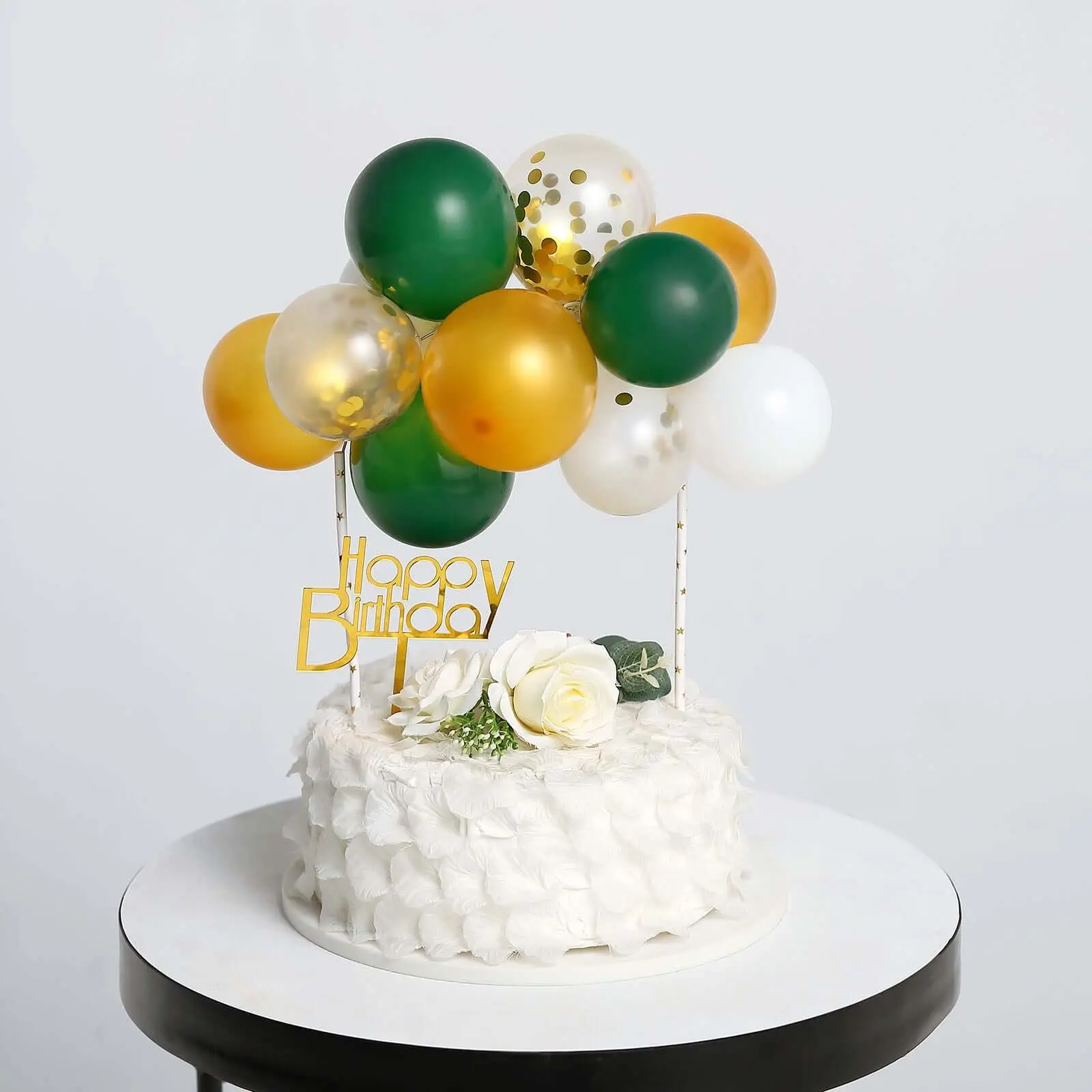 14 Pcs Balloon Cake Toppers - Clear, Gold, Hunter Green & White Whimsical Clustered Mini Garland Inserts, Cake Decorating Supplies for Birthday Celebrations, DIY Party Decorations, Birthday Cake Toppers
