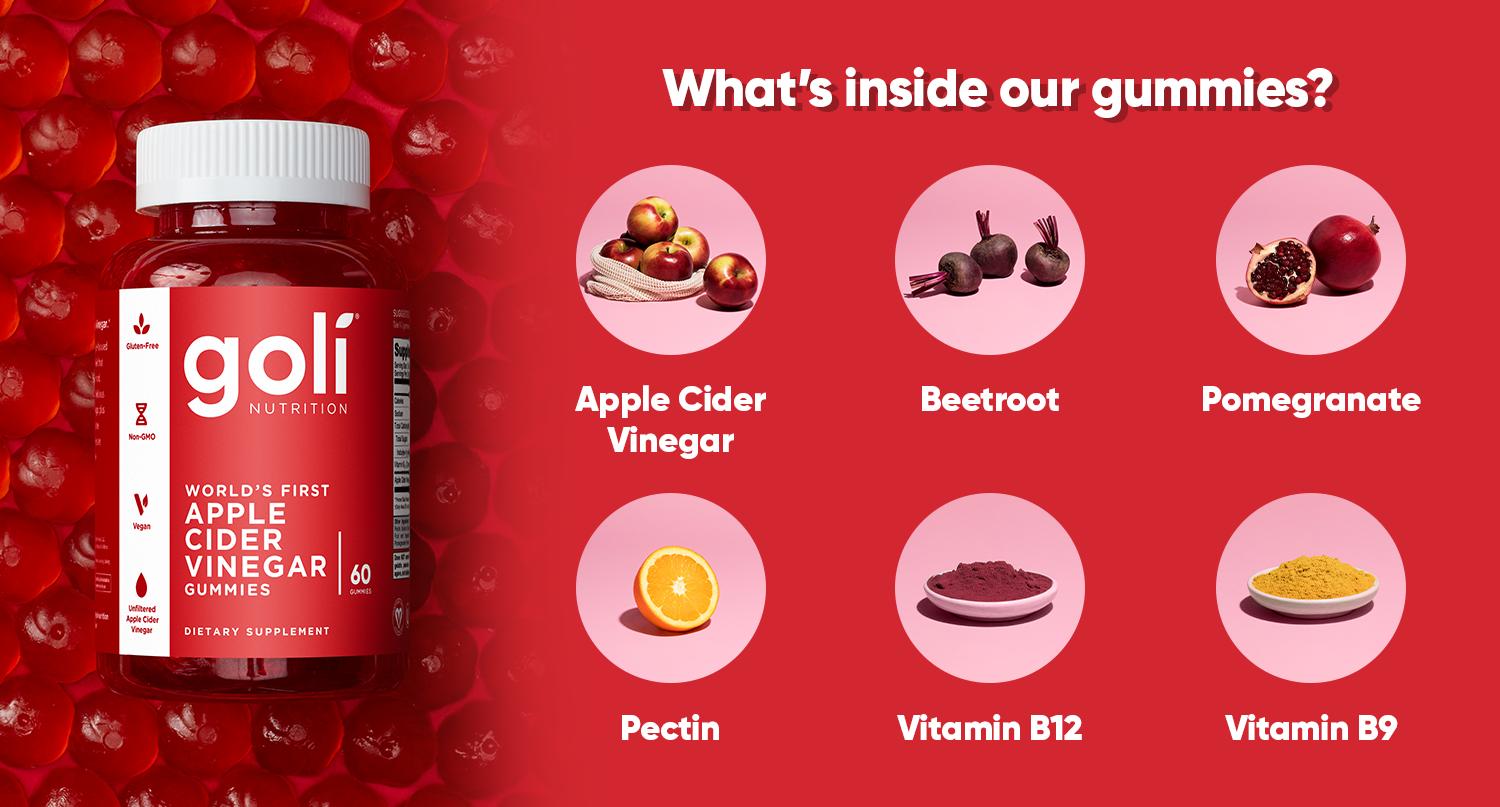 2 Bottles of Goli Apple Cider Vinegar Gummy Vitamins - Vitamin B12, Gelatin-Free, Gluten-Free, Vegan & Non-GMO.