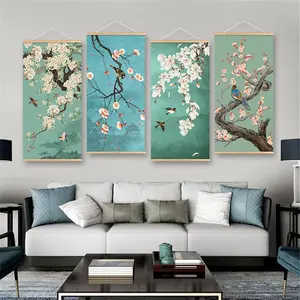 Bird & Blossom Pattern Canvas Hanging Painting without Frame, 1 Set Traditional Chinese Style Wall Art, Wall Decor for Home Living Room Dining Room, Ornaments