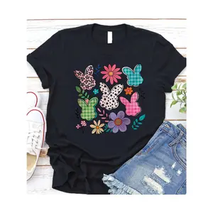Women's Cotton Black T-Shirt with Plaid and Floral Bunny Design - Easter Edition