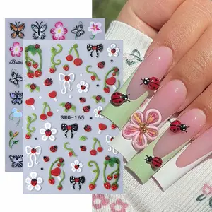 2 Sheets Butterfly Ladybug Flower Design Nail Art Stickers, Cute Strawberry Cherry Lily Flower DIY Self-Adhesive Nail Decorations for Spring & Summer Butterfly Nails