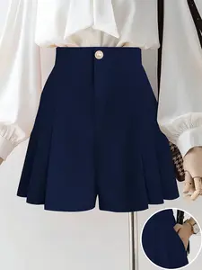 Women's Elegant Solid Color Wide Leg Shorts, Fashion Button Detail, Non-Sheer, All Seasons Casual Wear, Loose Fit Shorts, Womenswear