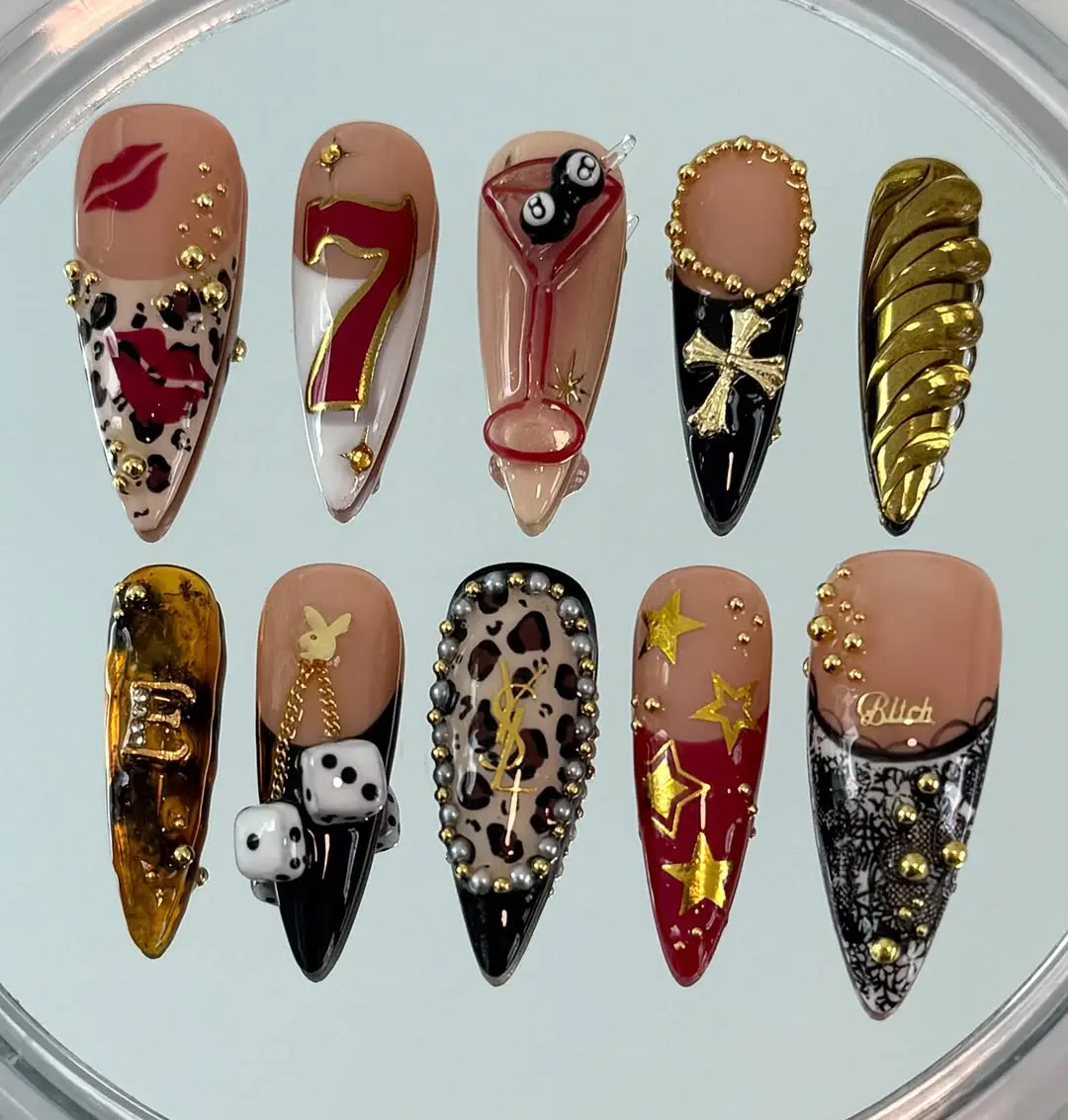 Mob Wife Casino Press On Nails, 3D Leopard Dice 8 Ball Gold Cross Cocktail Star Charm Fake Nails, Handmade Stiletto Nail Art | FREE Adhesive Tabs FREE Nail File FREE Cuticle Stick