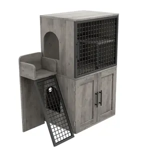Garvee Grey Villa Style Wooden Cat Litter Box Enclosure Furniture with Double Layer Hidden Litter Box Cabinet, Platform, and Ladder - Stylish Cat House for Living Room or Balcony