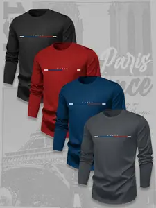 Men's Letter Print Thermal Lined T-shirt, Casual Loose Long Sleeve Crew Neck Top for Fall & Winter, Men's Clothes for Daily Wear