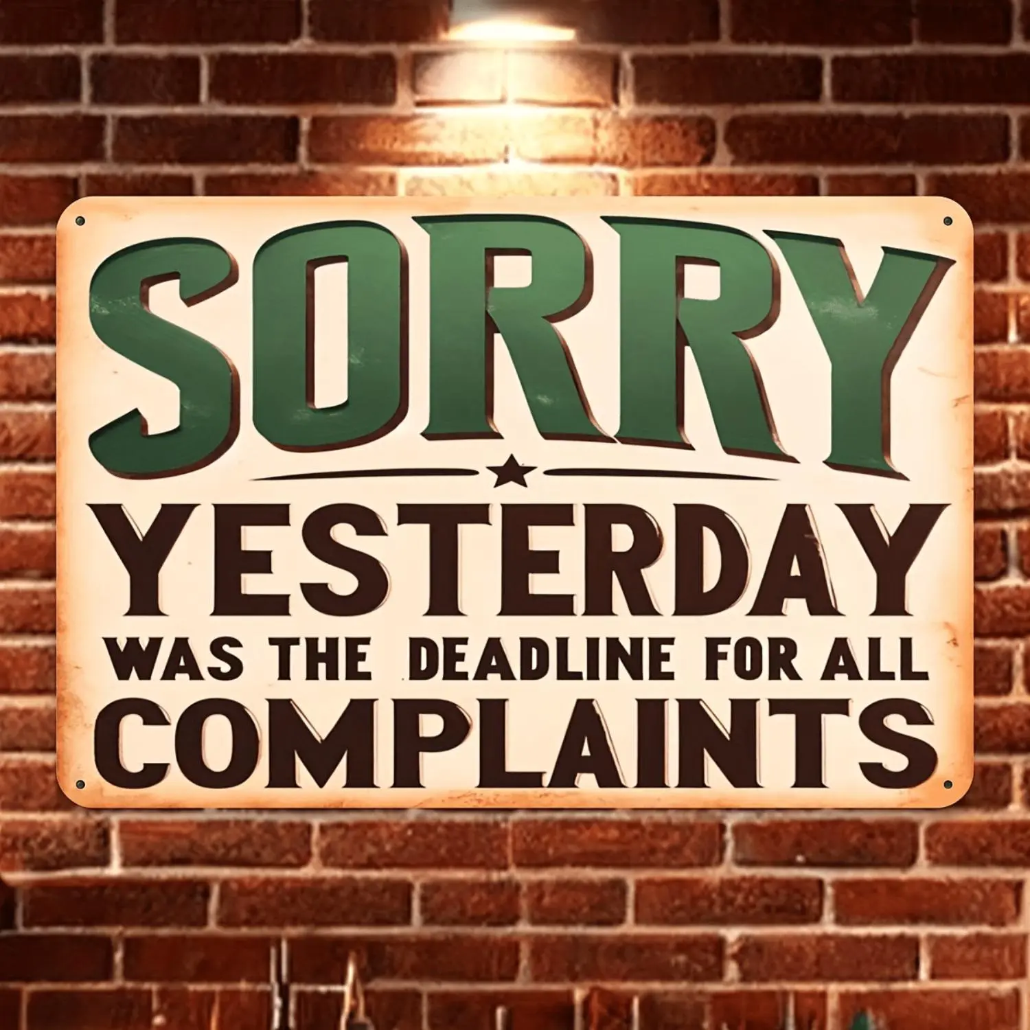 2D Flat Decorative Signs & Plaques Vintage Style "Sorry, Yesterday Was The Deadline for All Complaints" Metal Sign - Humorous Wall Decoration, 8X12 Inches, Green And White, Vintage Aesthetic for Halloween/ for halloween Decor