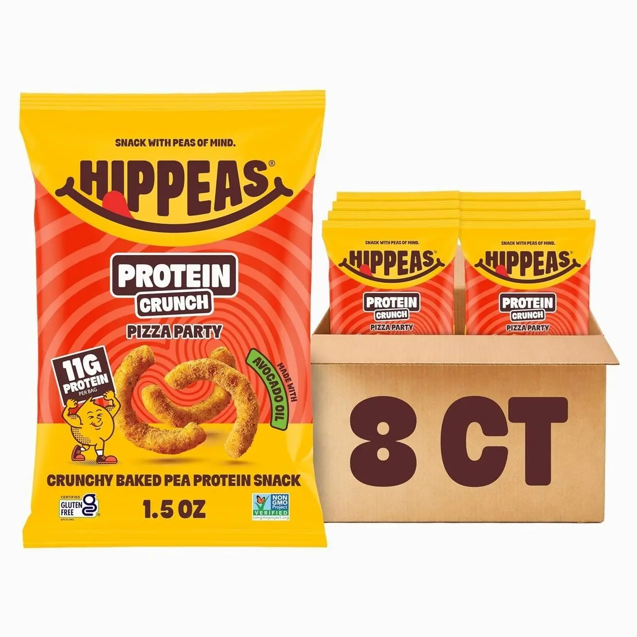 Hippeas Pizza Party Protein Puffs, 8 x 1.5 Oz Bags, Baked Crunchy Pea Puffs with 11g Plant Protein & Avocado Oil, Non-GMO, Kosher, Dairy & Gluten Free, Vegan Snacks, Savory Pizza Flavor