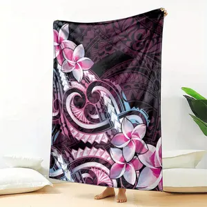 Polynesian Art Tattoo Blanket, Pink Gradient Plumeria Design, Lightweight & Skin-Friendly, Perfect for Napping, Leisure, Travel - Tropical Floral Throw, Nap Throw|Vibrant Throw|Soft Texture, Hawaiian Home Decor