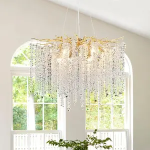 Tree Branches Luxury Round Raindrop Crystal Pendant Light Fixture 8 Light Tassel 23.7" Gold for Dining Room, Bedroom, Living Room, Entryway