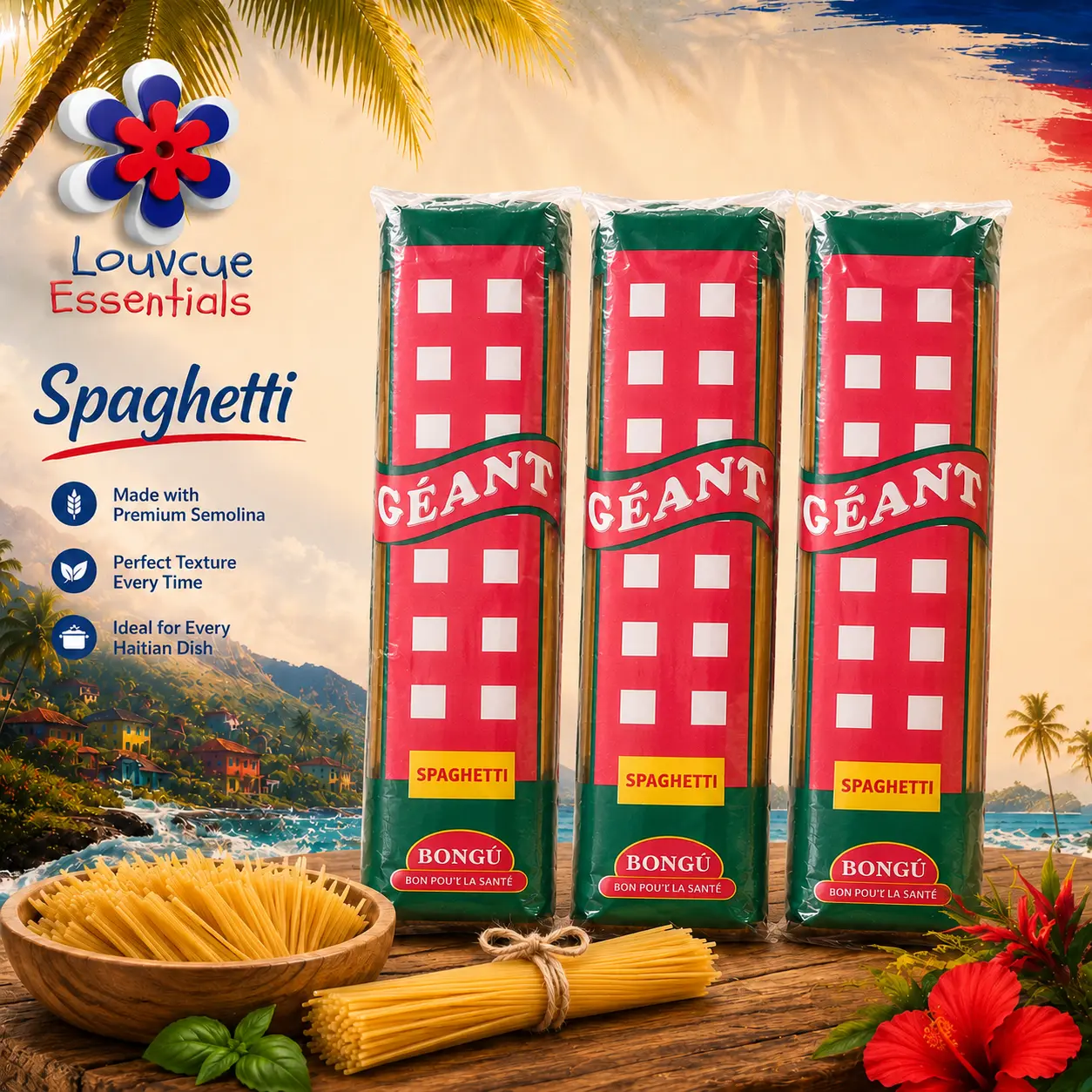 Bongú Géant Spaghetti, premium pasta from haiti , 3 pack