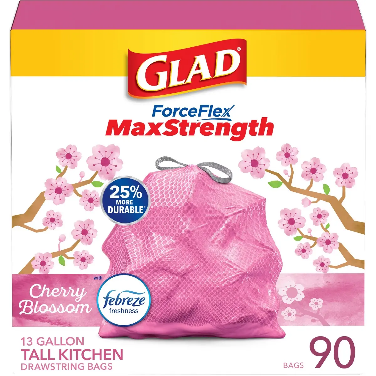 Glad ForceFlex MaxStrength Tall Kitchen Drawstring Pink Trash Bags - Cherry Blossom - 13gal/45ct