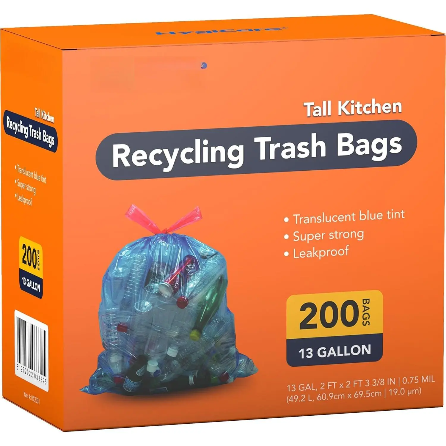 13 Gallon Recycling Trash Bags, Unscented 200 Count Drawstring Tall Kitchen Garbage Bags, Pre-Separated, Ultra , Leakproof, Sturdy, Translucent Blue