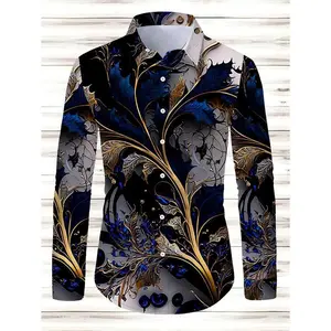 Men's Retro Floral Patterns Print Long Sleeve  For Spring And Fall, Casual Comfy  As Gift Top Collar Vintage Clothing Menswear Polyester Stretch  Color shirt Gamis