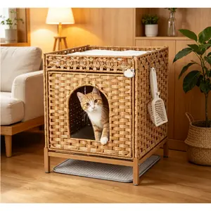 Concealed Cat Litter Box Cabinet, Iron Frame + PP Material, Natural Color with 2 S-Hooks, Odor Control Enclosure for Small Spaces