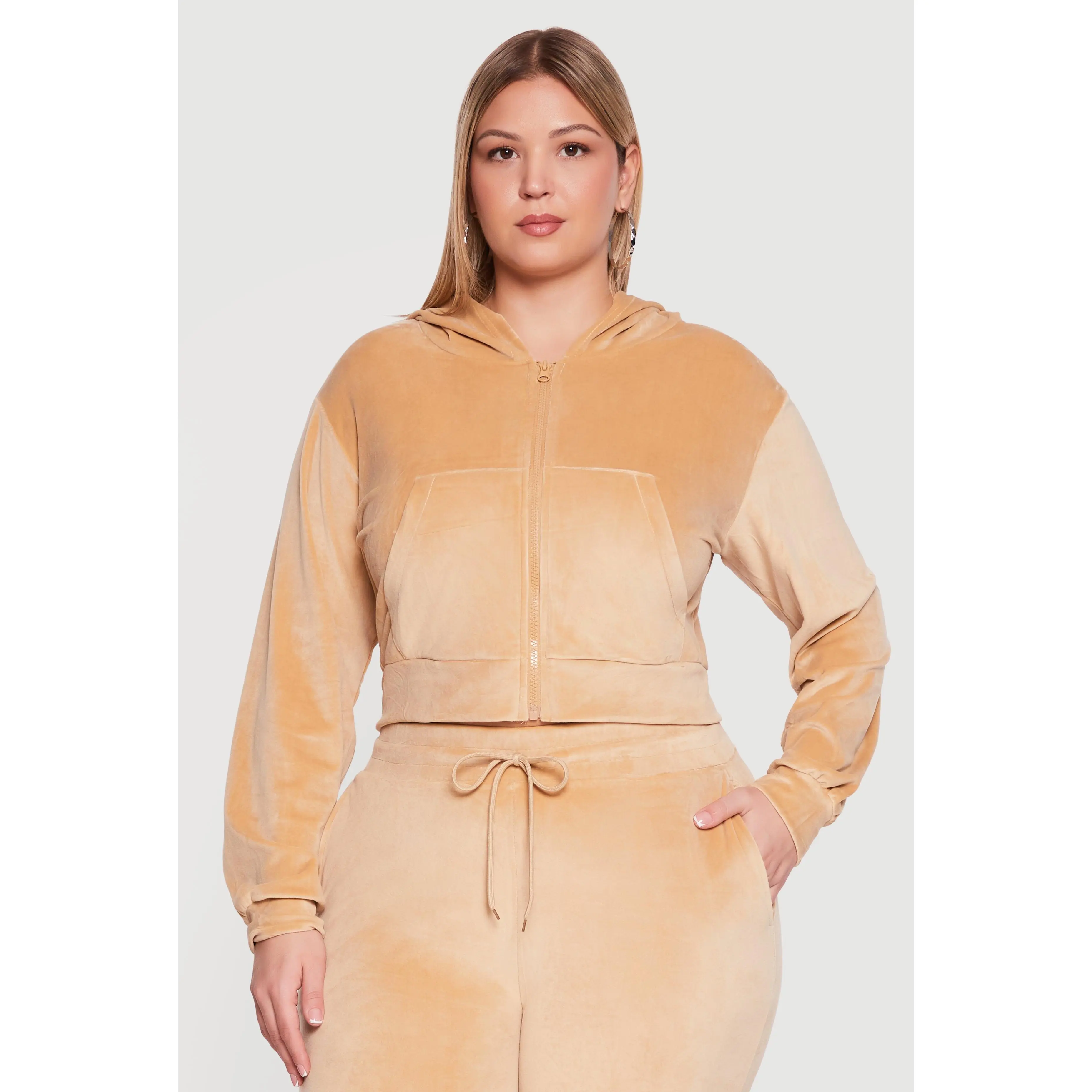 Plus Size Velour Zip Front Cropped Hoodie