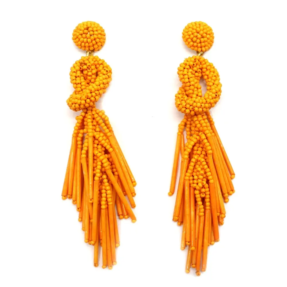 Handmade Beaded Solid Color Post Statement Earrings for Women All Season - 4 inch Long Dangle with Celtic Knot Design - Czech Seed Beads - Orange