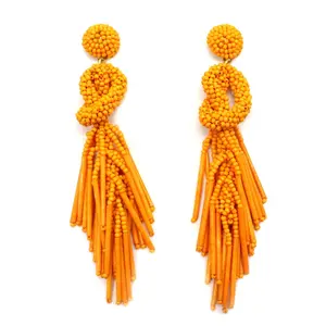 Handmade Beaded Solid Color Post Statement Earrings for Women All Season - 4 inch Long Dangle with Celtic Knot Design - Czech Seed Beads - Orange