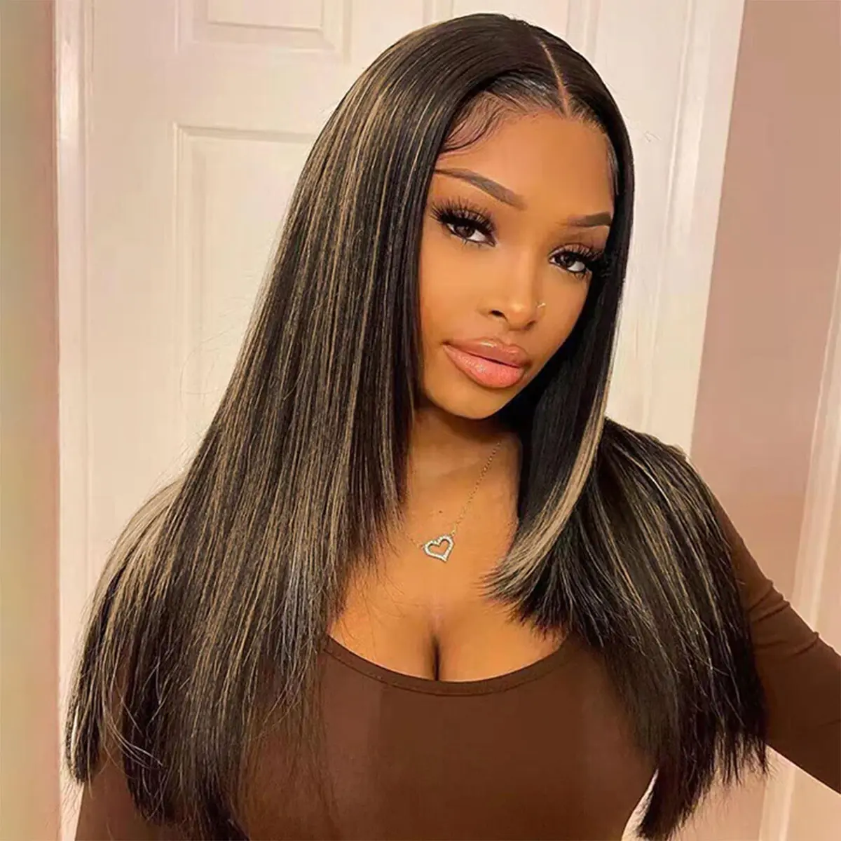 OQ HAIR Brown Balayage Highlight Straight Layered Cut Wig 7x5 Wear Go Glueless Human Hair Wigs Colored Beginner Friendly Pre Everything Wigs