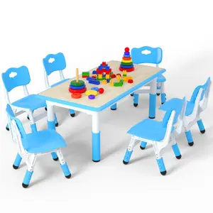 Kids Table and 6 Chairs Set，Height Adjustable Children Table & Chair，Toddlers Study Multi-Activity Table with 47.2"x23.6" Wipe-Clean Desktop，for Classrooms, Homes & Daycares, Blue