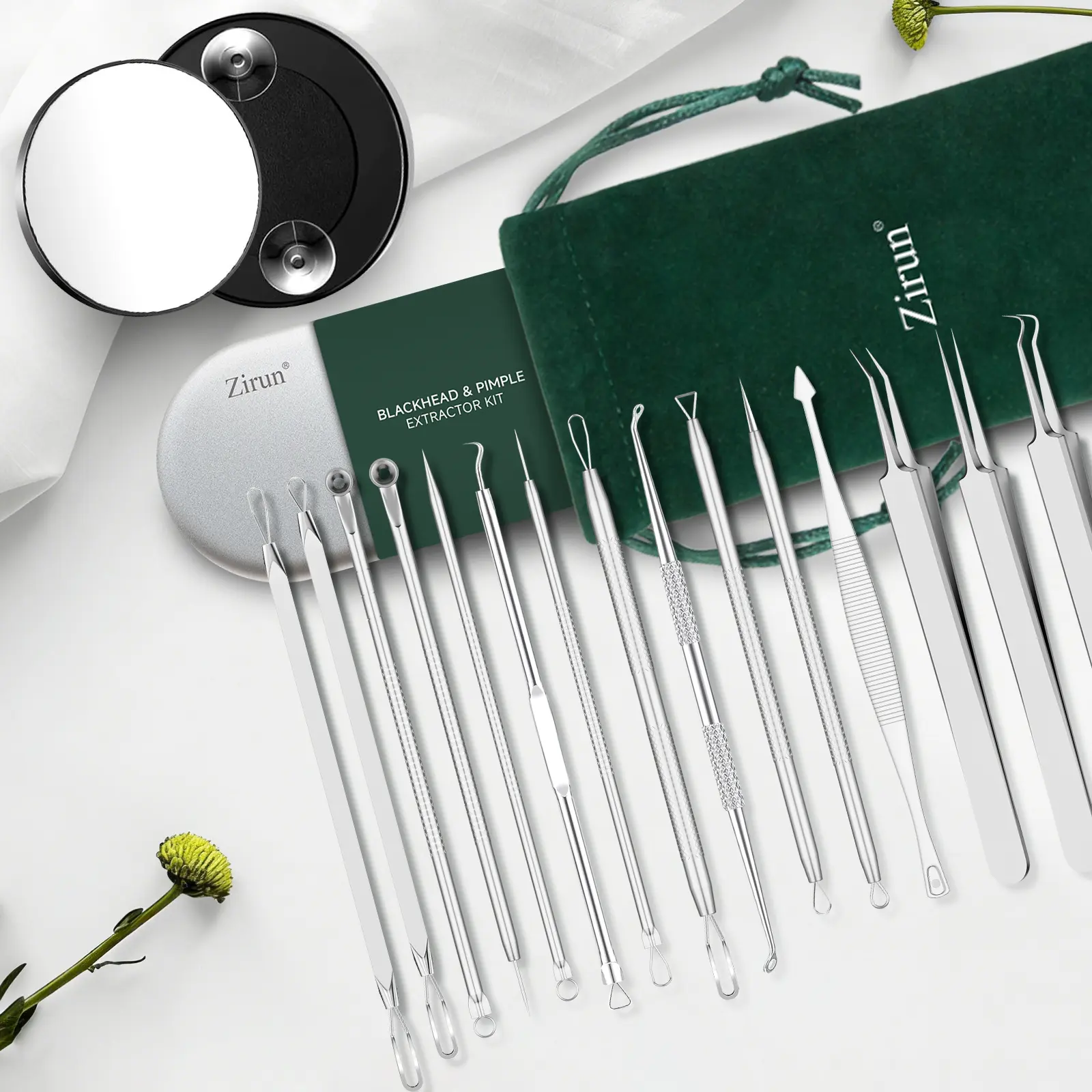 Zirun Blackhead & Pimple Extractor Kit, 15-Piece Stainless Steel Acne Removal Tool Set with Storage Bag, Facial Pore Cleaner, Comedone Extractor Tools for Blackheads, Whiteheads and Daily Skincare