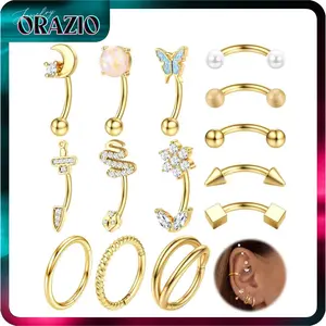 ORAZIO 14 PCS Rook Piercing Jewelry Set Surgical Steel 16G Curved Barbells Eyebrow Rings Cartilage Daith Helix Tragus Body Piercings Gold Silver Rose Gold Variety Styles