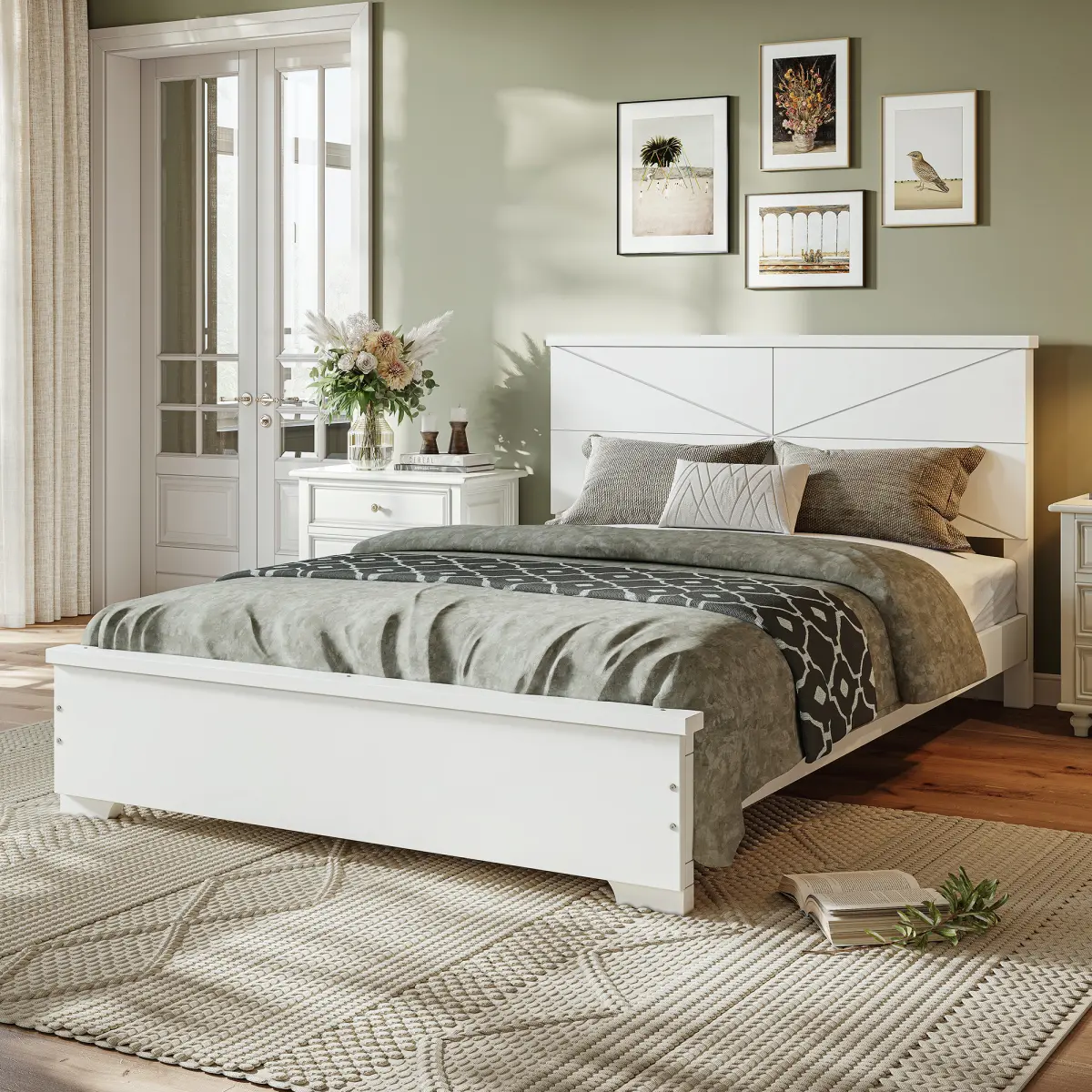 Clean White Finish Full Size Bamboo Platform Bed Frame with Chic Design Headboard, 78.75"l*57.32’’w*38.58"h, 78.82 lbs, Modern Low-Profile Structure, Silent Wood Slats Support, Stable Build, Storage Solutions, Assembly Required
