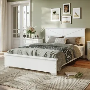 Full Size Platform Bed with Chic Design Headboard, Modern Full Bed Frame with Wood Slats Support, Low Profile Design, White
