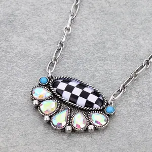 Western Checker Print Oval Necklace with Colorful Accents and Chain Design