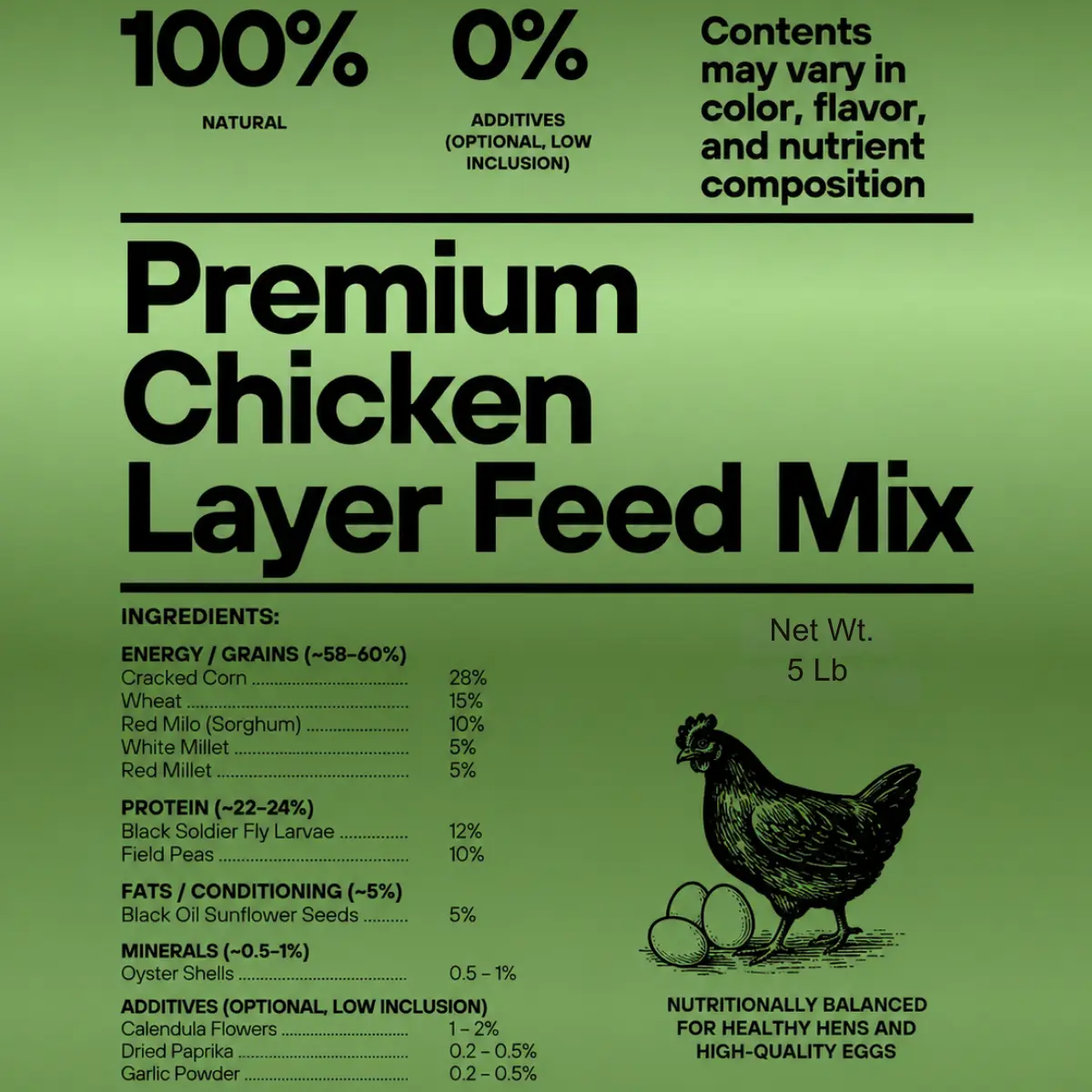 Premium Layer Chicken Feed Mix (Grain and protein blend) Balanced poultry feed with grains and added black soldier fly larvae and oyster shell; supports egg production and strong shells