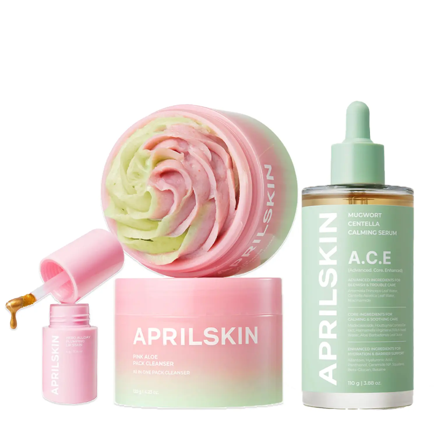 [APRILSKIN Official] Workout Glow Essential SetㅣPink Aloe Mask Cleanser, A.C.E Mugwort Centella Serum & Hero All Day Plumping Lip Stain | 24H Long-Lasting Stain | Bubble Soothing Mask to Foam | Mugwort for Sensitive Skin, Artemisia | Korean Skincare