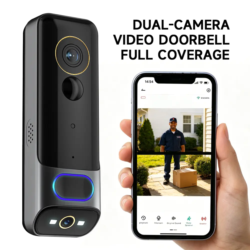 2K Dual Lens Video Doorbell, No Monthly Fee, Full Porch View, Color Night Vision, Two-Way Audio, AI Human & Package Alert