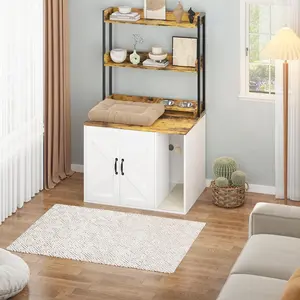 Wooden Cat House,55"H Cat Litter Box Enclosure, Hidden Litter Box with 2 Storage Shelves and Charging Sockets, Large Indoor Cabinet,Pet Furniture for Living Room Entryway