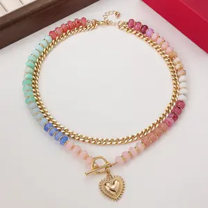 Dopamine colored bead necklace, ethnic style collarbone chain, layered with love pendant jewelry for women