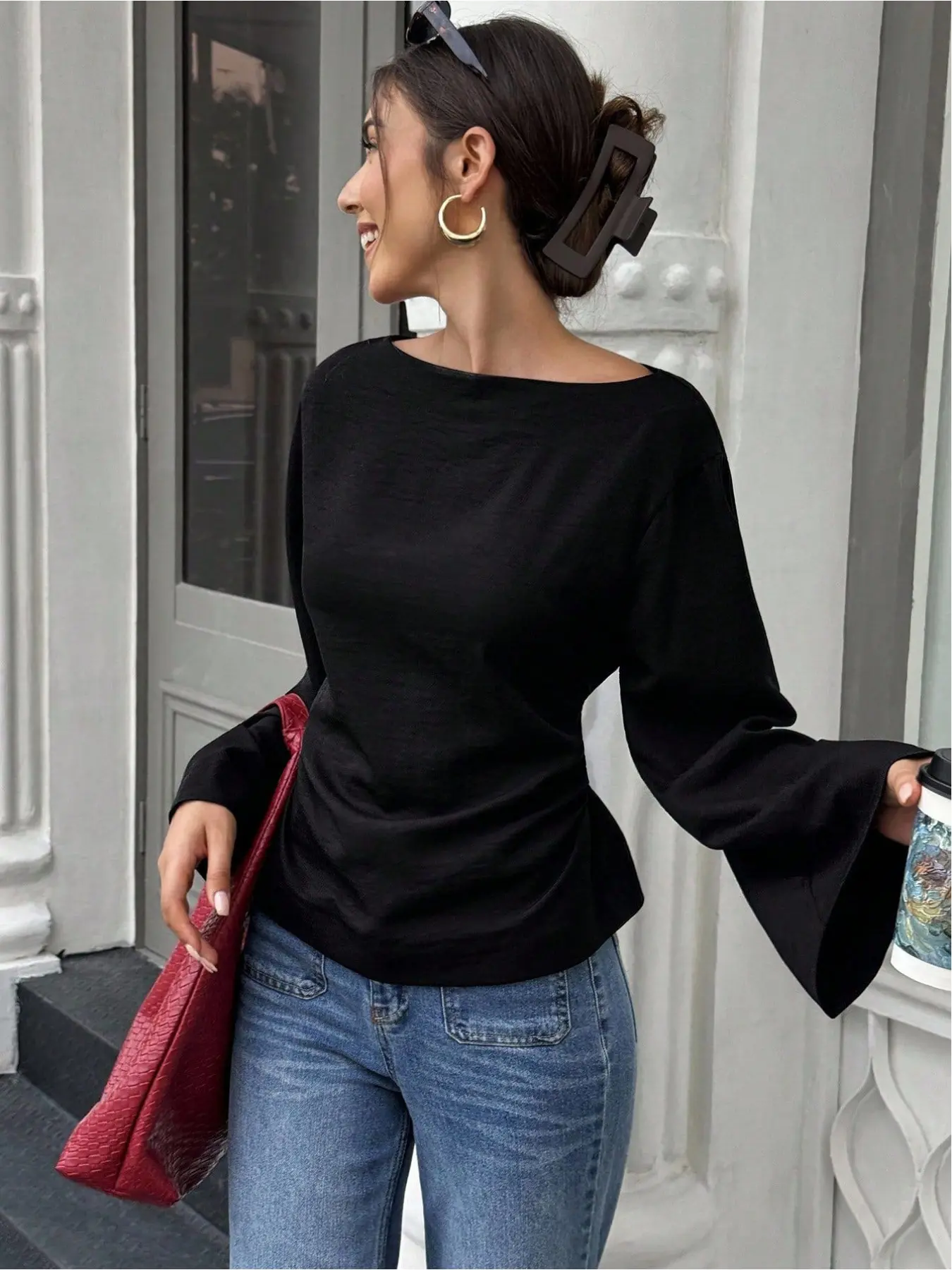 Women's solid color Basic boat neck trumpet long sleeve Fitted casual elegant shirt Top