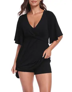 HDE Women's Romper Dress Easy Quick Slip V Neck Flutter Sleeve Summer Dresses Flowy Rompers with Built-in Shorts and Pockets