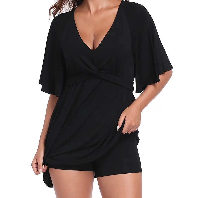 HDE Women's Cute Basic Mini A-Line Romper Dress - V-Neck Flutter Sleeves, Easy Slip-On, Flowy, Twist Waist, Built-In Shorts, Pockets, Soft Loose Summer Fit, Beach/Everyday Vibe, Machine Washable, S-XXL