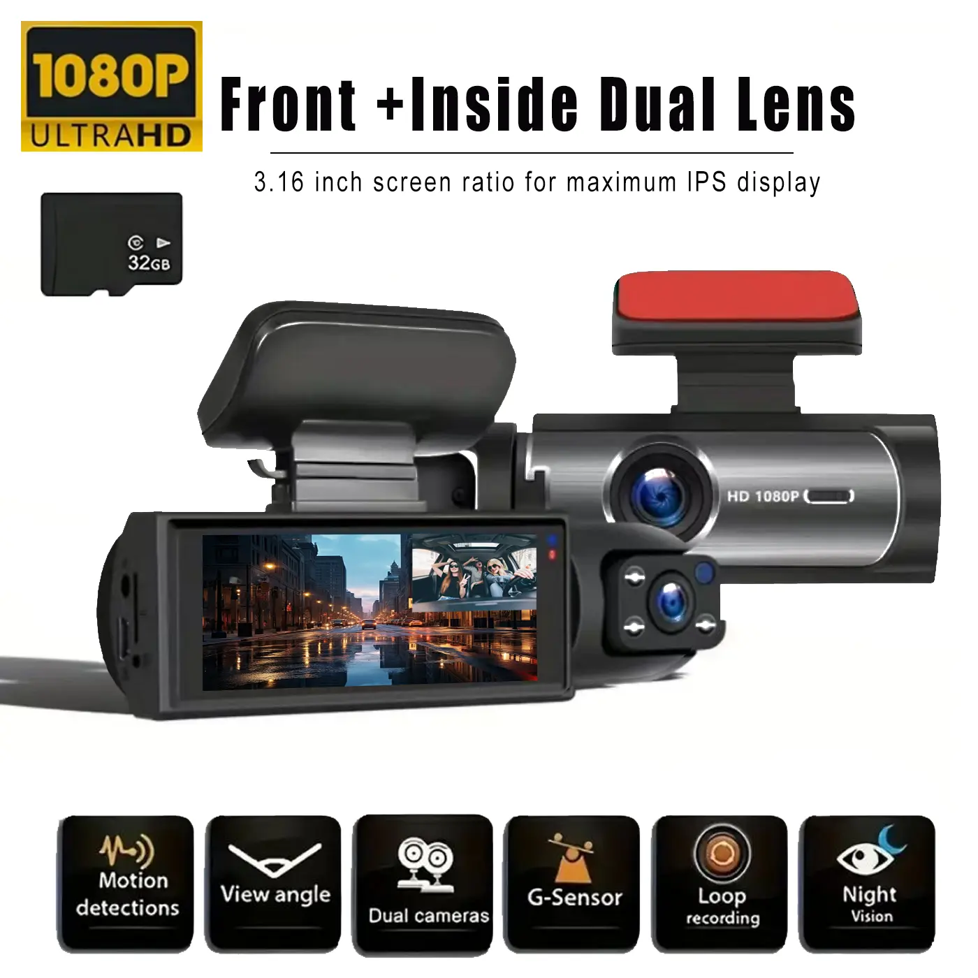 BCUOZ  1080P Dash Cam  Car Camera, FrontDash Camera for Cars, Mini Dashcams for Carswith Night Vision, Recording with 32GB Car Driving Recorder