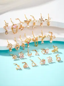 Elegant Boho Style L-Shaped Nose Stud, Stainless Steel Piercing Jewelry, Zirconia Flower Butterfly Heart Cross Design, Artificial Zircon