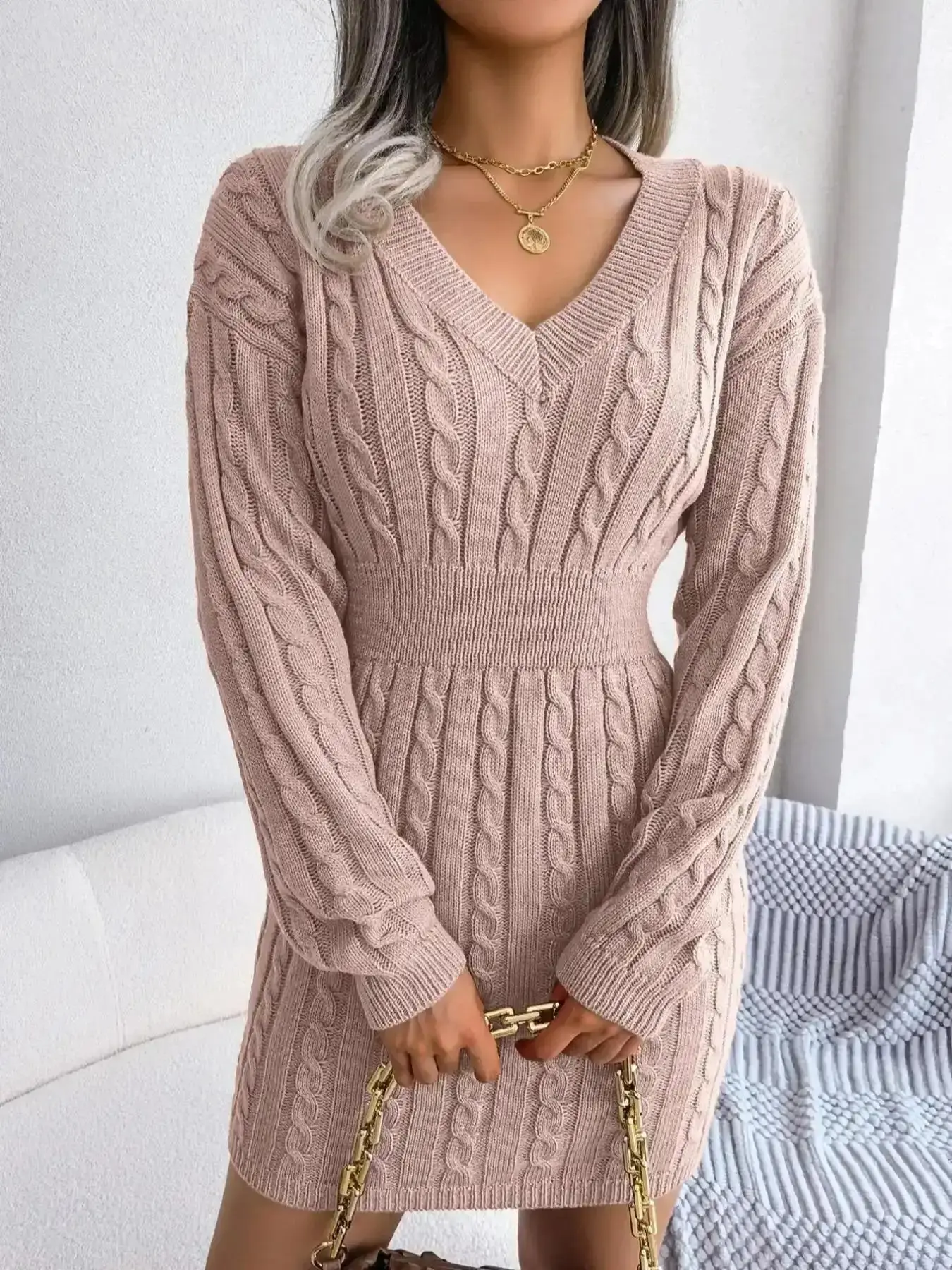 Women's Cable Knit Fitted Sweater Dress With V Neck, Casual Drop Shoulder Style for Fall & Winter Fashion, Modern, Warm, Versatile, Comfortable, Soft, Elegant, Durable, Flowy, Chic