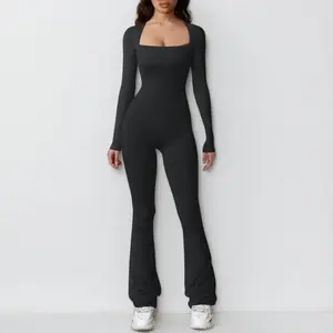 Women’s Autumn Long-Sleeve Square-Neck Wide-Leg Nylon Jumpsuit – Comfortable Stretchable Sportswear for Yoga, Parties, and Daily Wear (Fitness Apparel)