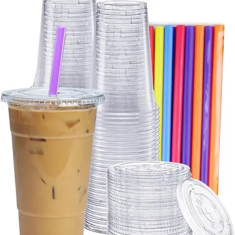 [24 oz. - 100 Count Clear Cups with Flat Lids & Straws - Disposable Clear Drinking Cups for Iced Coffee, Cold Drinks, Milkshakes, and Smoothies - Formerly Comfy Package