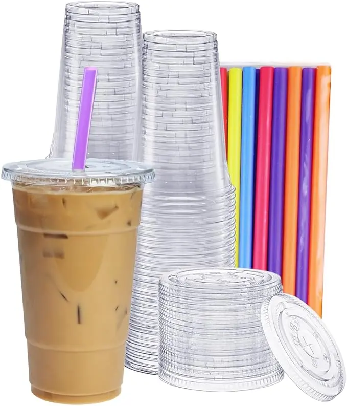 [24 oz. - 100 Count Clear Cups with Flat Lids & Straws - Disposable Clear Drinking Cups for Iced Coffee, Cold Drinks, Milkshakes, and Smoothies - Formerly Comfy Package