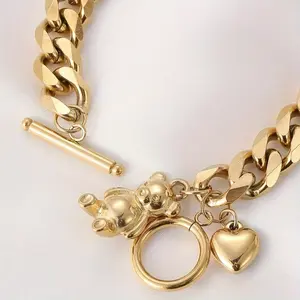 Elegant Golden-Tone Bear Charm Bracelet with OT Clasp - Minimalist Luxury Design, Heart & Ring Charms, Thick Chain Link Style - Perfect for Casual Attire, Parties & Gift Giving (All-Season) bracelet stack friendship bracelets italian charm bracelet