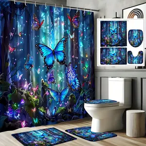4pcs/set Dream Forest and Butterfly Bathroom Complete Set Anti-slip Bathroom Mat U-shaped Carpet Toilet Seat Refreshing Shower Curtain High-quality Bathroom Decoration and Accessories