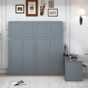 Queen Size Wall Murphy Bed with Desk and Storage Shelves and Big Cabinets, Gray(OLD SKU: N820S00034E)