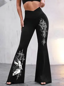 Women's High Waist Slim Fit Flare Pants, Cross Waist Design, Geometric Pattern, Comfortable Everyday Casual Trousers, Fashionable Daily Wear, Womenswear